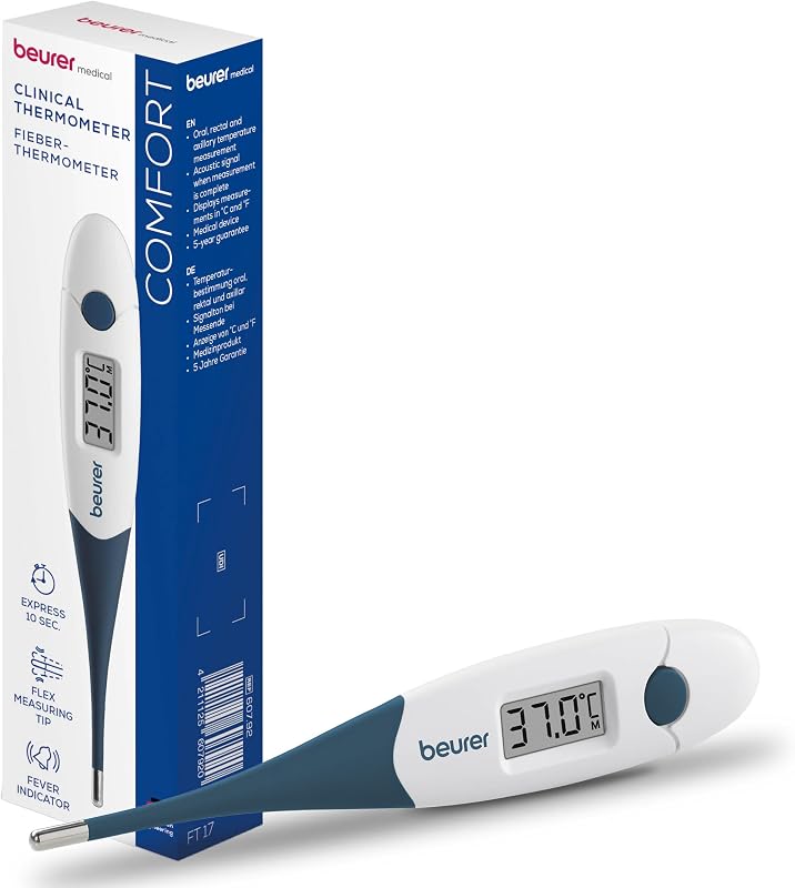 FT 17 Termometro per Febbre Digitale con Punta Flessibile, Misurazione Orale, Rettale e Ascellare, Indicatore Febbre, Risultato in 10s, per Neonati, Bambini e Adulti