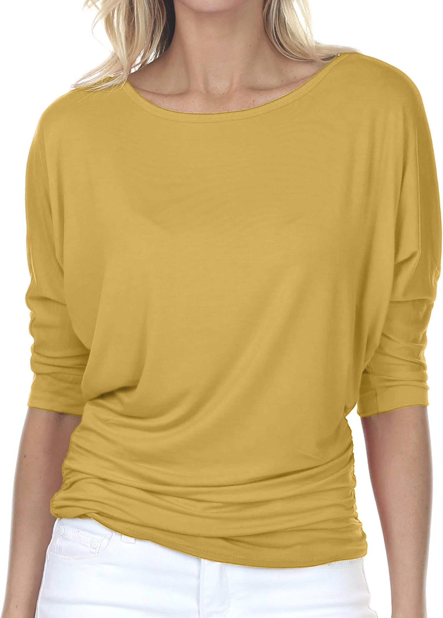 7006 Womens V-Neck 3/4 Sleeve Drape Dolman Top with Side Shirring