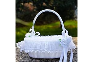IUIBMI White Wedding Flower Girl Basket with Swingable Handle, Lace and Artificial Flowers, Satin Bowknot Fairy Flower Basket, Large Wedding Flower Basket for Flower Girl
