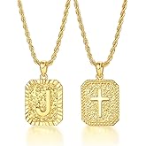 ASUWISH Gold Initial Necklaces for Men and Women, 18K Gold Plated Letter A-Z Cross Pendant with Adjustable Rope Chain, Letter Necklace for Women and Men