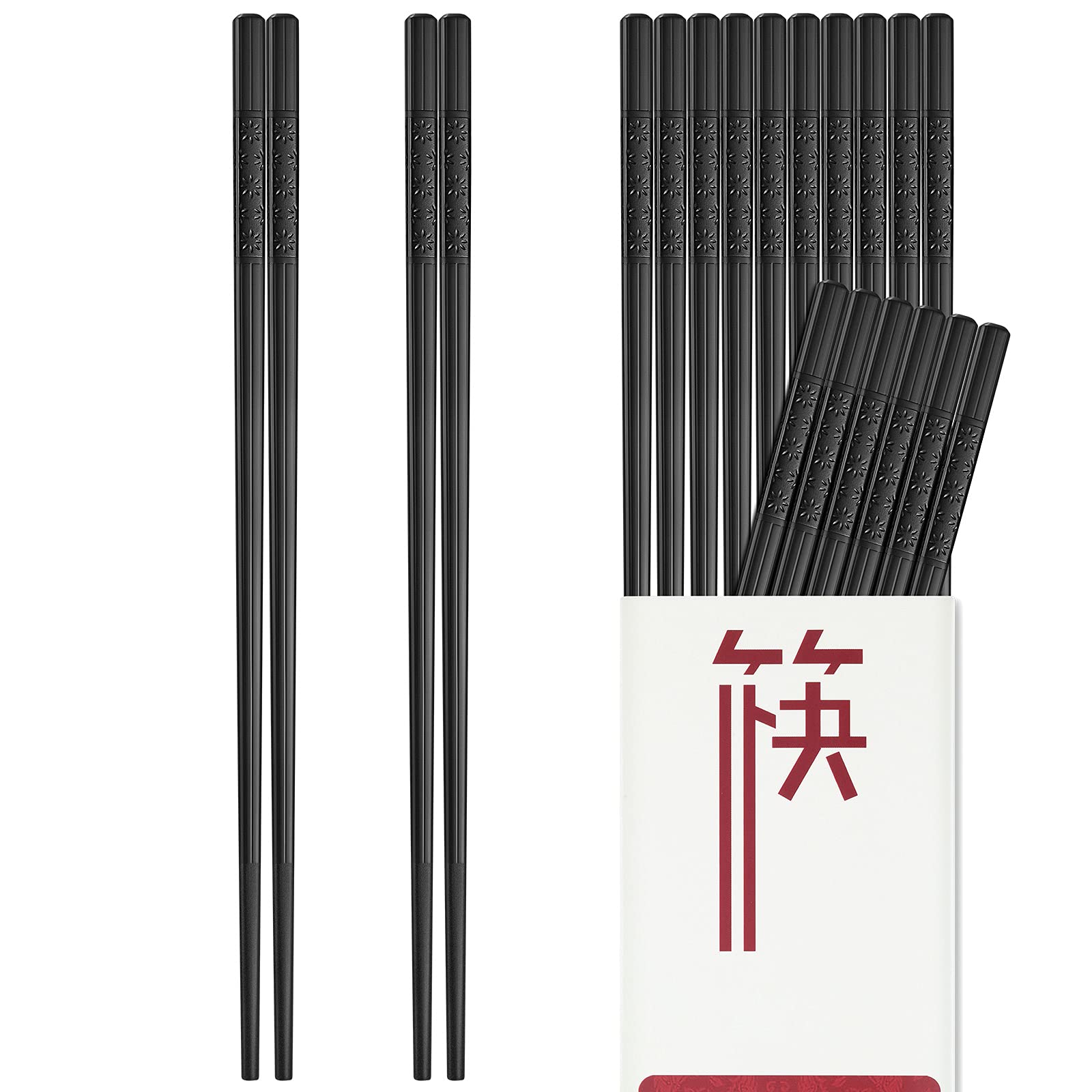 Fiberglass Alloy Chopsticks, 10 Pairs Reusable Non-slip Japanese Chinese Korean Chop Sticks Dishwasher Safe, 9 1/2 inches - Black