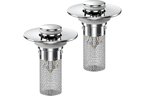 2PCS Bathroom Sink Stopper Hair Catcher, Pop Up Sink Drain Stopper with Strainer & Filter, Universal Drain Plug for Sink Drain & Replacement, Sink Drain Cover with Basket for Bathroom Stopper