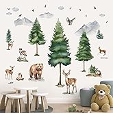 wondever Large Mountain Tree Wall Stickers Pine Tree Woodland Animal Deer Bear Peel and Stick Wall Art Decals for Kids Room Baby Nursery Bedroom