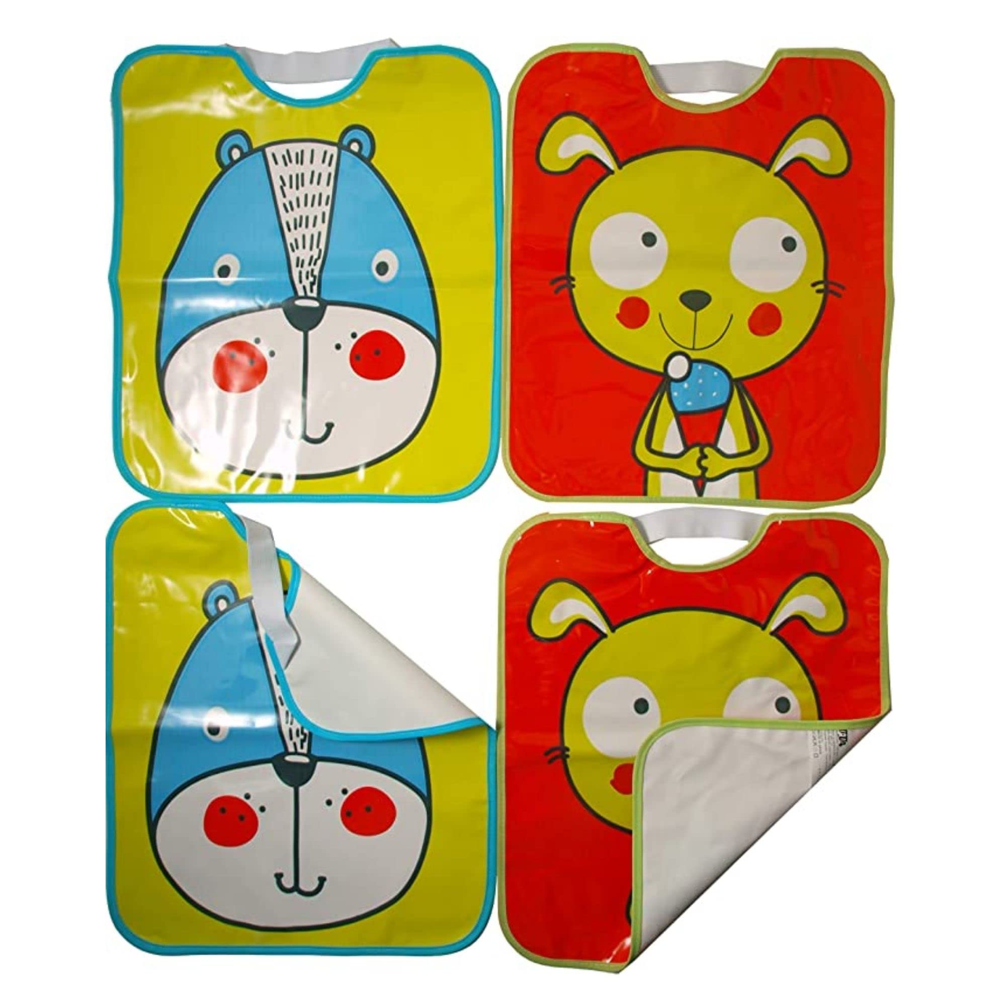 Ti TIN | Pack of 4 Waterproof Printed Bibs 32 x 35 cm | 100% Vinyl - Bibs for Babies Over 1 Year - Elastic Closure - Bear and Rabbit Design - Colour (Yellow, Red, Blue)