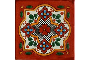 FINE CRAFTS & IMPORTS Fine Crafts Imports 6x6 4pcs Mexican Talavera Tiles, Floral Pattern, Red, Clay Material, Glue Down Installation, 1 sq ft Coverage