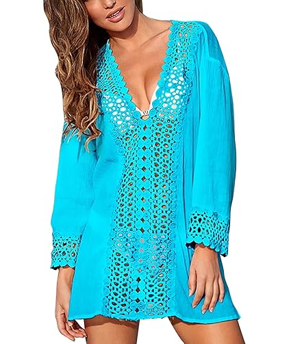 Loralie Damen Spitzenkleid V-Ausschnitt Kleider Bikini Cover up Strandkleid Beachwear Strandtunika Sommer Bademode