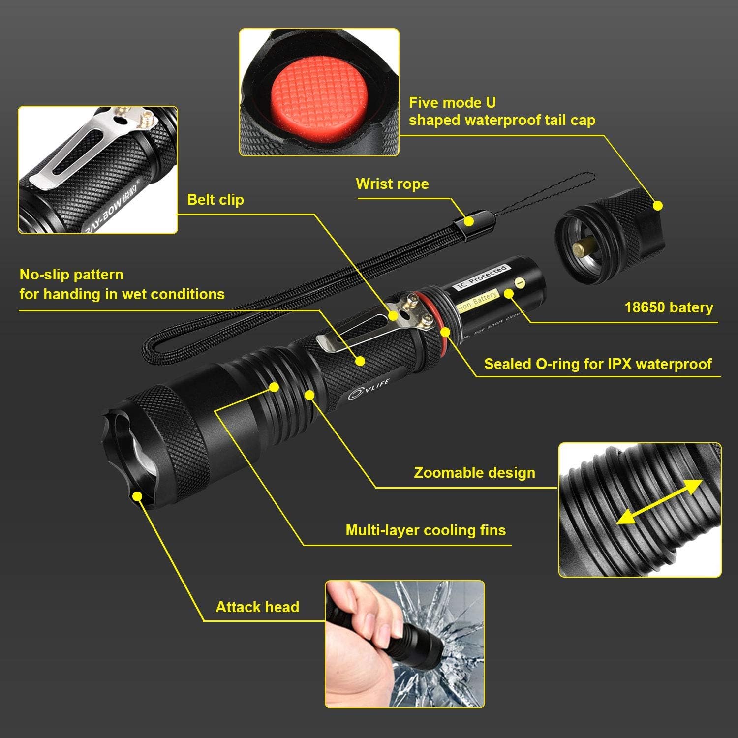 CVLIFE Tactical Flashlight LED Light 5 Modes Zoomable Water Resistant Handheld Mini Torch with Belt Clip, Best Camping Outdoor Emergency Flashlights, Rechargeable 18650 Battery Included: Home Improvement