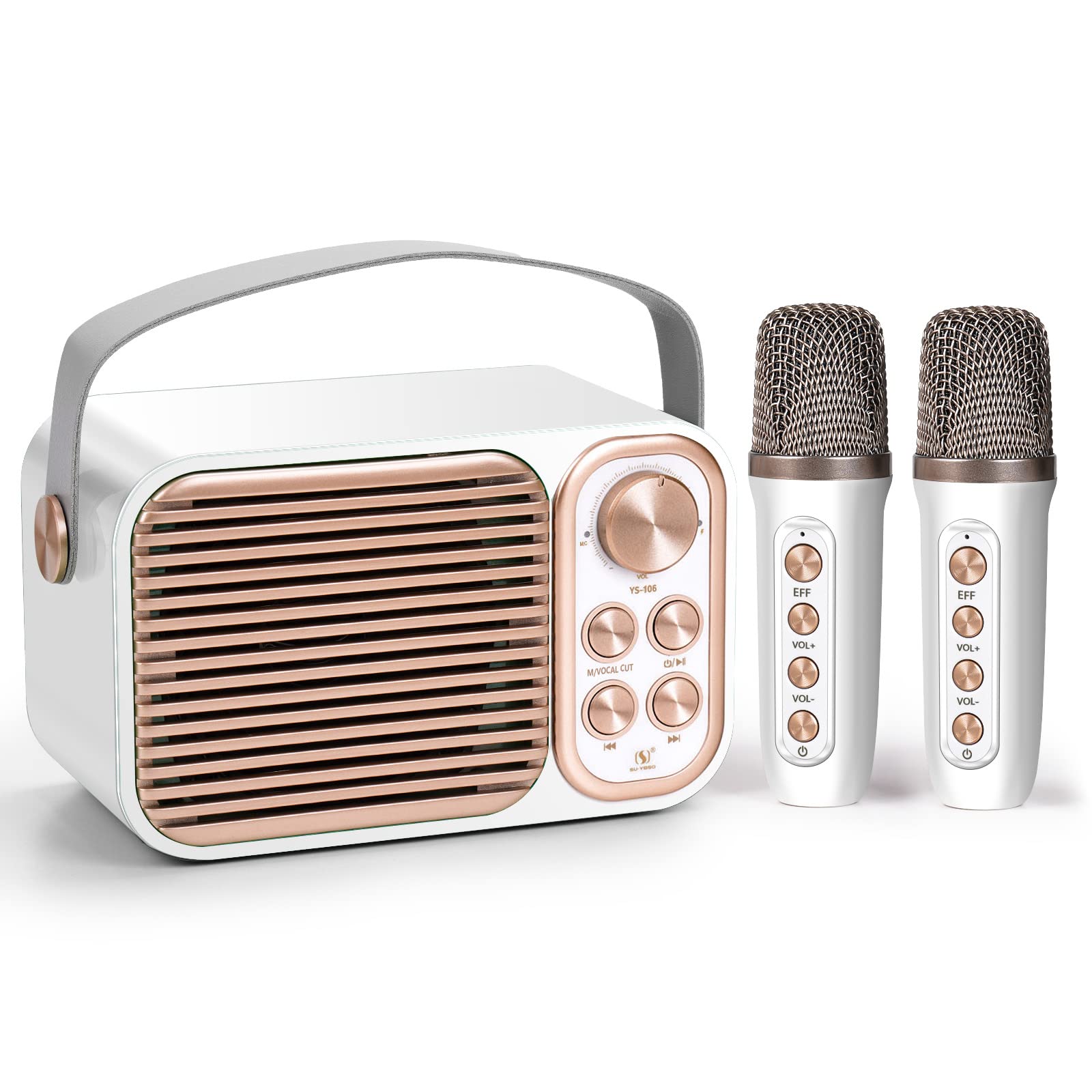 JIEFOCH 2023 Bluetooth Karaoke Machine with 2 Wireless Karaoke Microphone YS106,Portable Singing PA Speaker System,Supports TF, AUX-in (White)