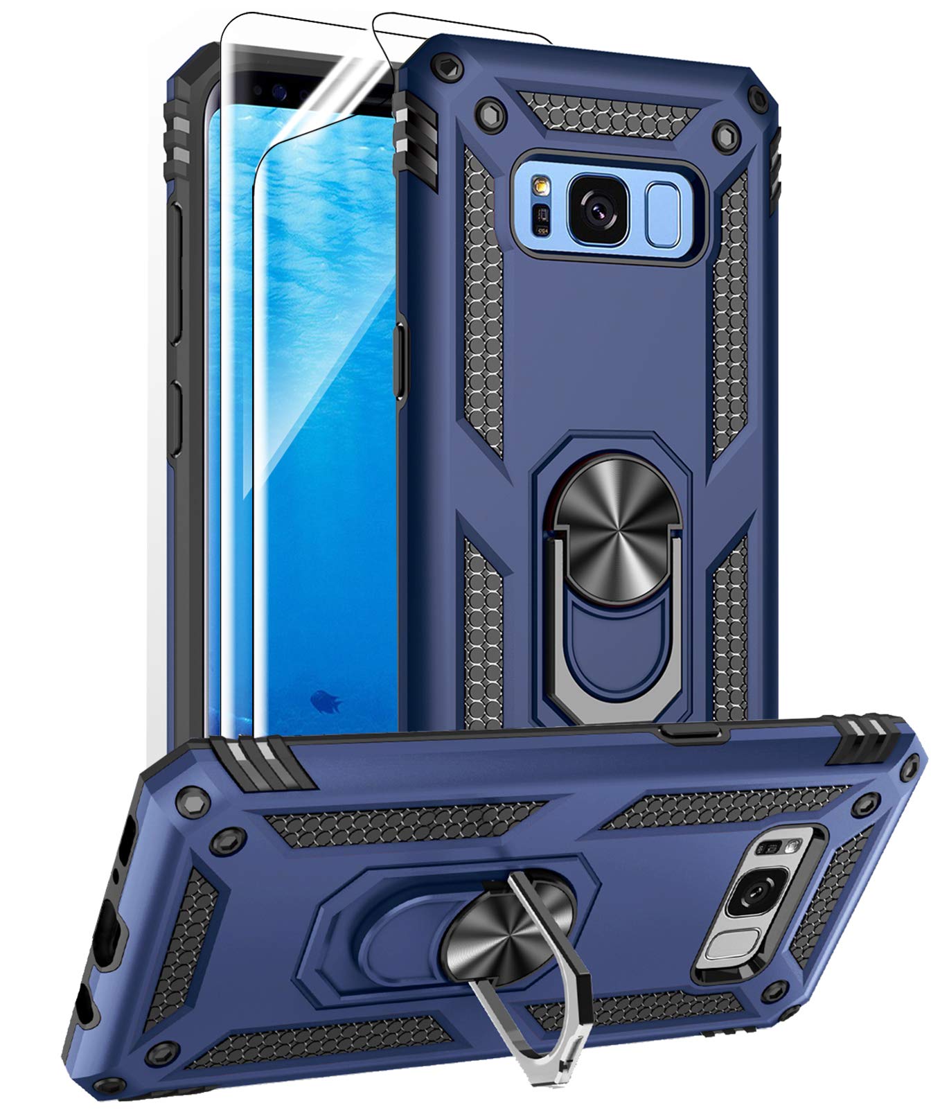 Photo 1 of Samsung Galaxy S8 Case with HD Screen Protectors (NOT fit S8 Plus), Androgate Military-Grade Metal Ring Holder Kickstand 15ft Drop Tested Shockproof Cover Case for Samsung Galaxy S8 (2017) Blue