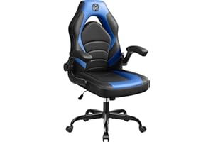 BestGlory Gaming Chair, Leather High-Back Home Office Desk Chair with Flip-Up Arms, Ergonomic Padded Rolling Wheels Swivel Tilt Gamer Computer Chair with Comfy Lumbar Support, Height Adjustable, Blue
