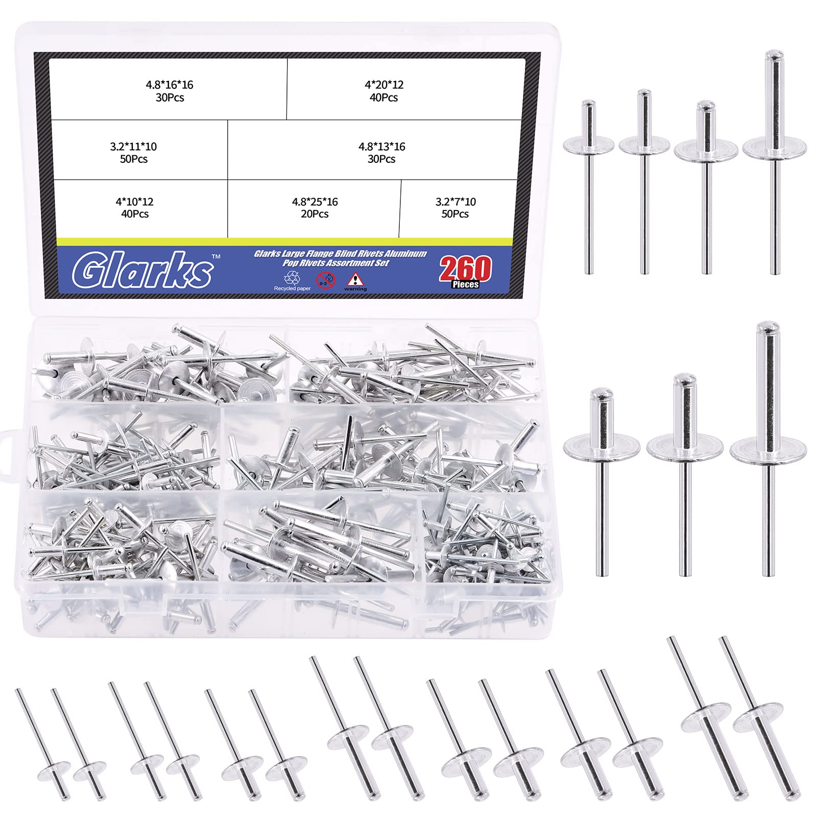 Glarks 260Pcs 7 Sizes Large Flange Aluminum Blind Rivets Pop Rivets Assortment Set for Joining Metal Plate Pipe Automotive