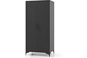 Giantex Wicker Storage Cabinet, 62” Tall Pantry Cabinet with 2 Doors, Hanging Rod, 4 Storage Cubes, Metal Legs, Anti-Tipping Device, PE Rattan Storage Cabinet for Home Office, Garage Cabinets (Black)