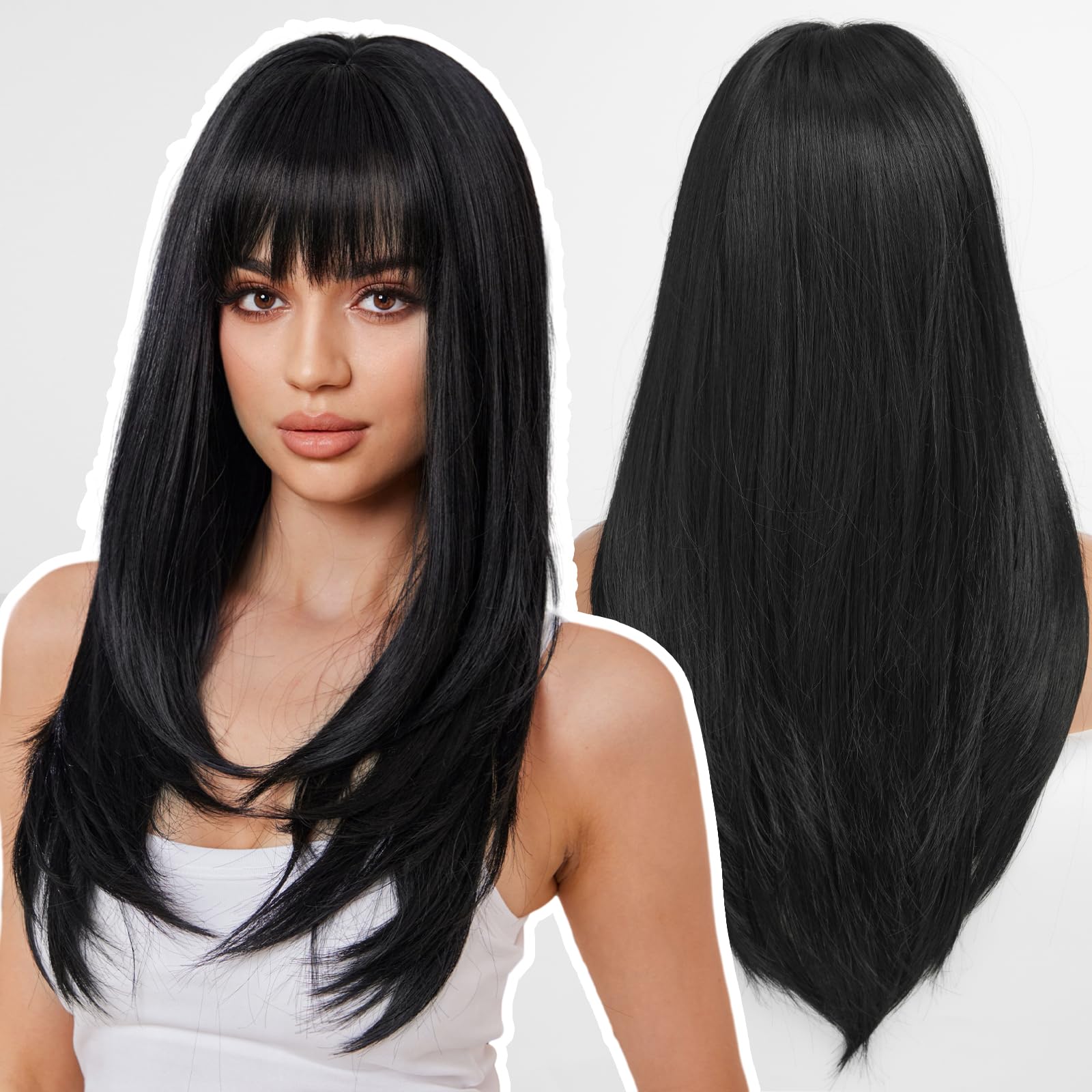 WOKESTAR Black Wigs for Women Layered Straight Long Wig with Fringe