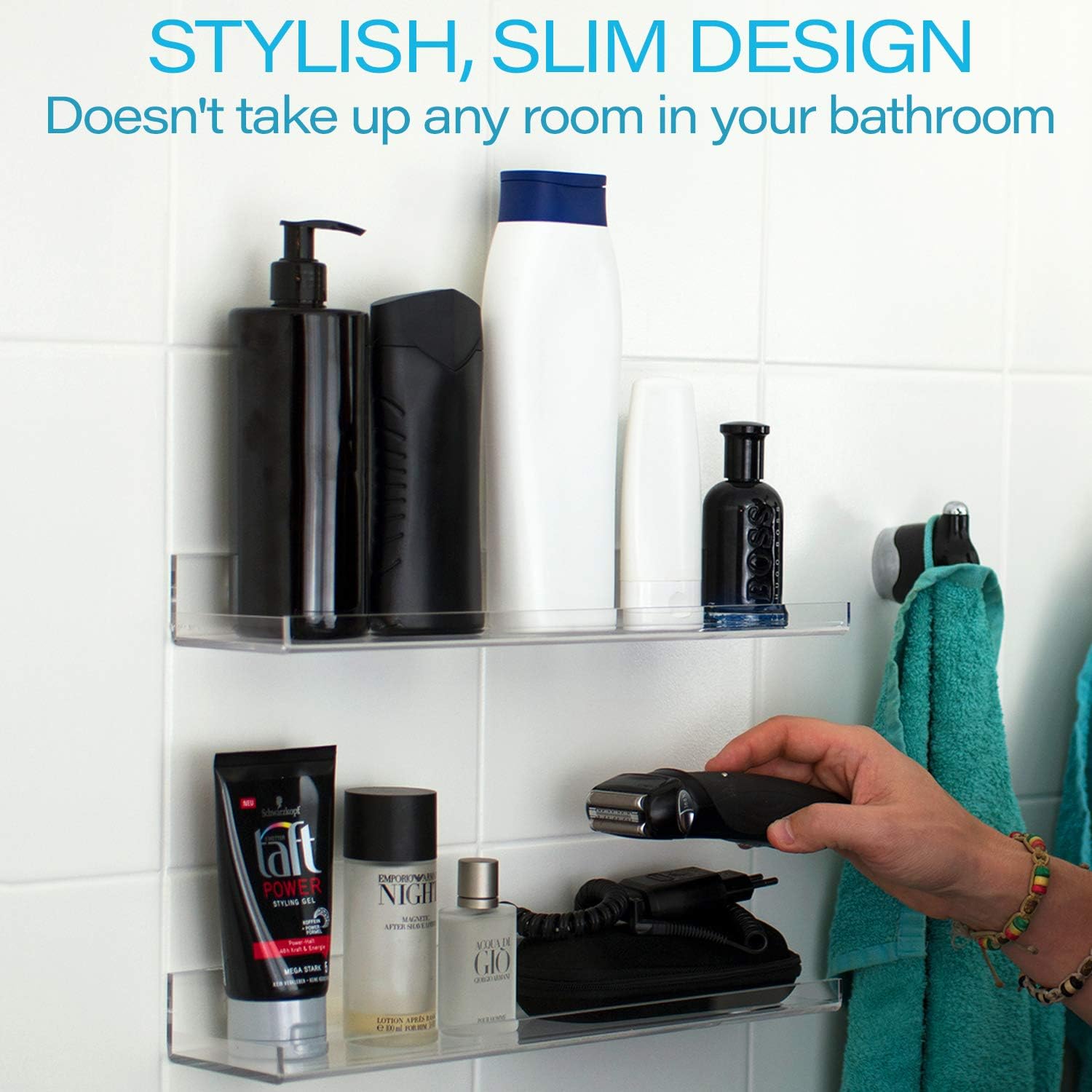 'Invisible' Bathroom Shelf Wall Mounted [2 Pack] 15 inch Clear Acrylic Shelves by Pretty Display. Extra Strong & Easy to Wall Mount: Kitchen & Dining
