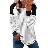 Acelitt Women Casual Striped Long Sleeve Crewneck Pullover Tshirts Tops,S-XXL