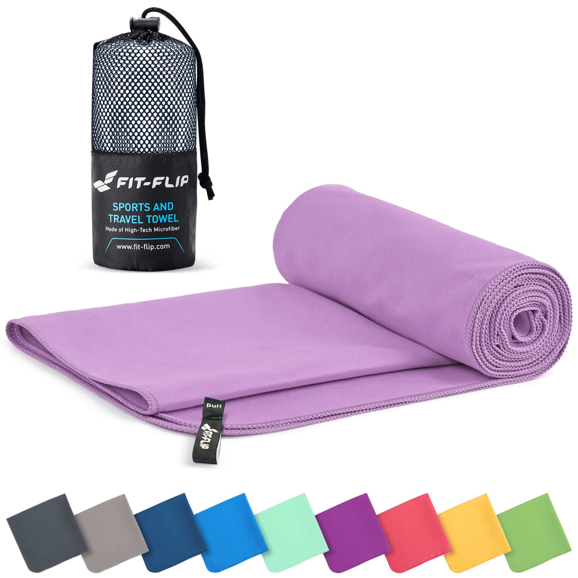 Fit-Flip Microfibre towel - compact, ultra lightweight & quick dry - perfect for gym, travel & beach - swimming towels for sports, camping & hiking (1x 30x50cm lilac + bag)