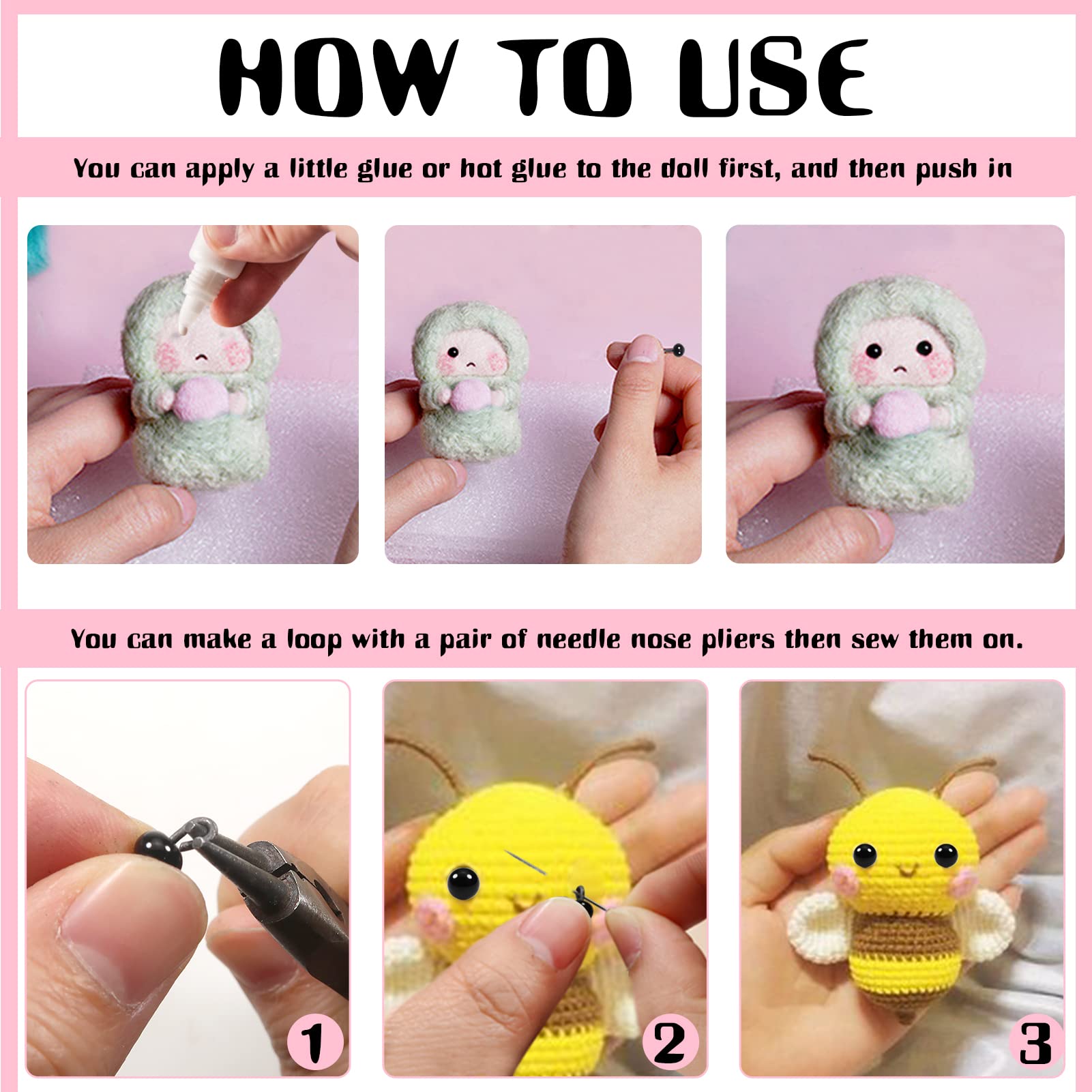 TOAOB 300pcs Glass Safety Eyes 4mm 5mm 6mm Black Beans Glass Eyes Balls Doll Eyeballs for DIY Bear Plush Animal Puppet Needle Felting Dolls Decoys Sewing Crafts