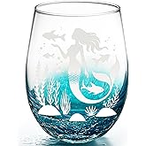 OWATRKDEY Mermaid Stemless Wine Glass: Handmade Crackle Teal Beach Wine Glass for Women, Ocean Themed Birthday Day Gifts 18 Ounces - Set of 1