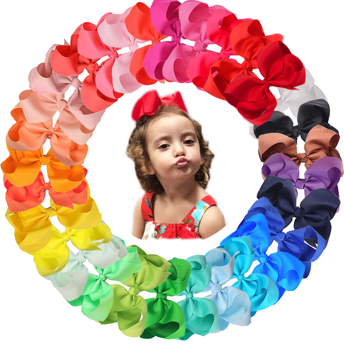JOYOYO 30 Pcs Large Hair Bows for Girls Grosgrain Ribbon Bows - Cute Craft Large Size 6 Inch Girls Hair Bow Clips Bright Colors