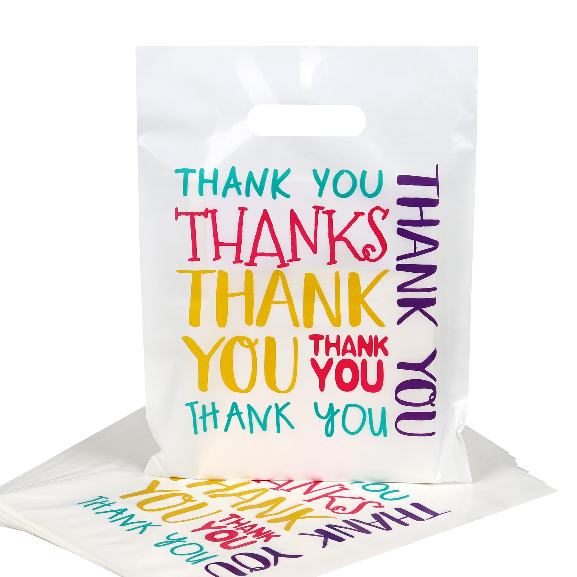 100 Pack Colorful Thank You Gift Bags Small- 23x30cm Merchandise Retail Plastic Carrier Bags with Handles for Shopping, Parties Favors, Boutique, Stores, Business, Market Stall, Trade Shows, Wholesale