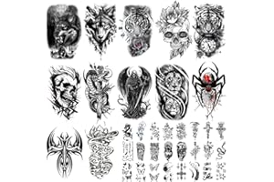 36Sheets Temporary Tattoos for Men, Assorted Wolf Tiger Skull Snake Lion Dragon Fake Tattoo Stickers, Black Grey Red Tattoo D