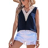 CUPSHE Womens Top V Neck Sleeveless Dots Shirt Lace Neck Blouse Relaxed Casual Loose