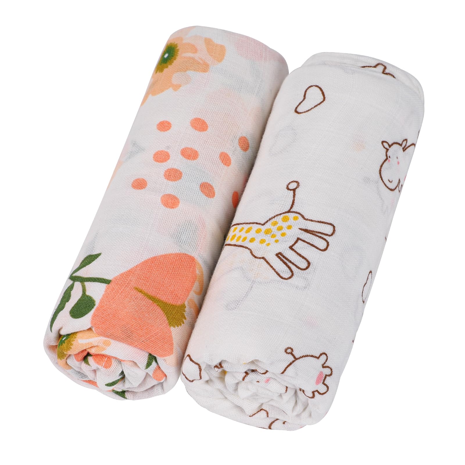 KAKU NANU Muslin Blanket Swaddle - Soft Lightweight Organic Cotton 2 Pack 110x120cm Dual Layer Large Cloths for Receiving Blankets - Animal and Flower Baby Wrap