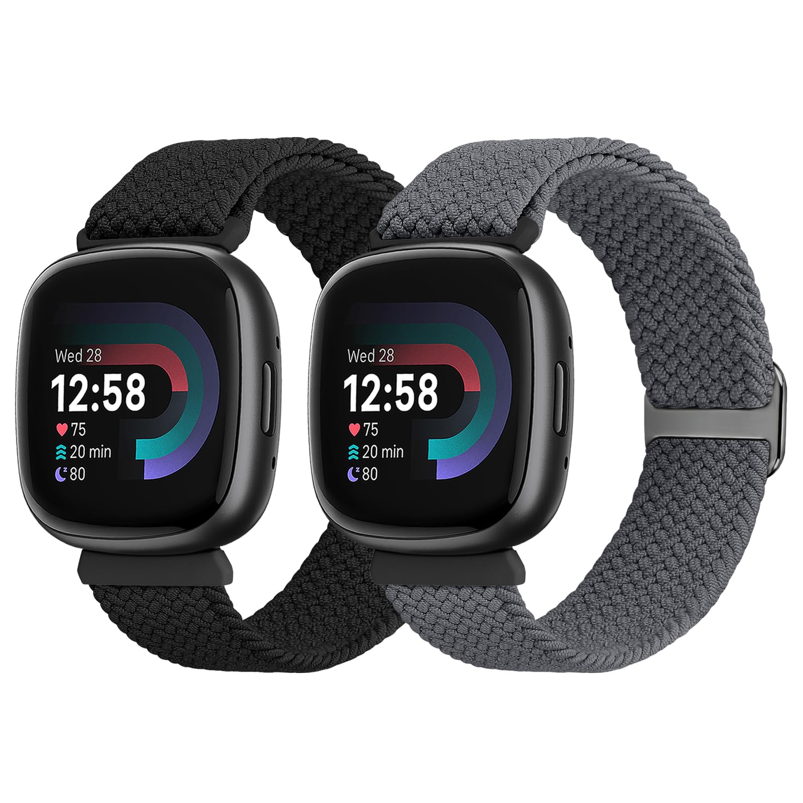 SHIJZWD 2 Pack Elastic Braided Strap Fitbit Versa 4/3/Sense 2/3 Nylon Band, Black+Space Grey — image 1