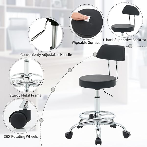FIRAVOE OFFICE CHAIR WITH BACK (ADJUSTABLE HEIGHT POSTURE STOOL 19.5″-26.6″)(DRAFTING CHAIR ON WHEELS) WORK STOOL WITH FOOTREST (BLACK)
