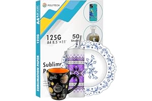 Polytech Sublimation Paper, 8.5x11, 50 Sheets, Heat Transfer Paper for All Sublimiation Blanks, For All Sublimation Printer and Ink, For Tumblers, Magnet Blanks, Ceramic Ornaments, Light T-Shirt,125G