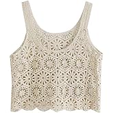 (One Size/Suitable for Height 155-160)、Women Crochet Cropped Tank Tops, Boho Hollow Out Floral Pattern Camisole Sleeveless Cover Up Vest Shirts Apricot