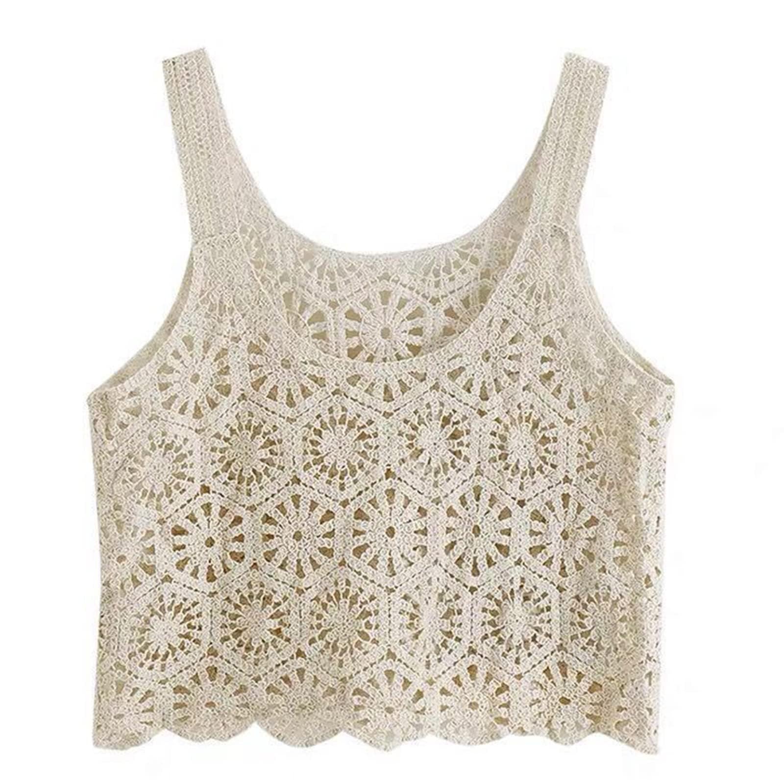 Photo 1 of (One Size/Suitable for Height 155-160)?Women Crochet Cropped Tank Tops, Boho Hollow Out Floral Pattern Camisole Sleeveless Cover Up Vest Shirts Apricot