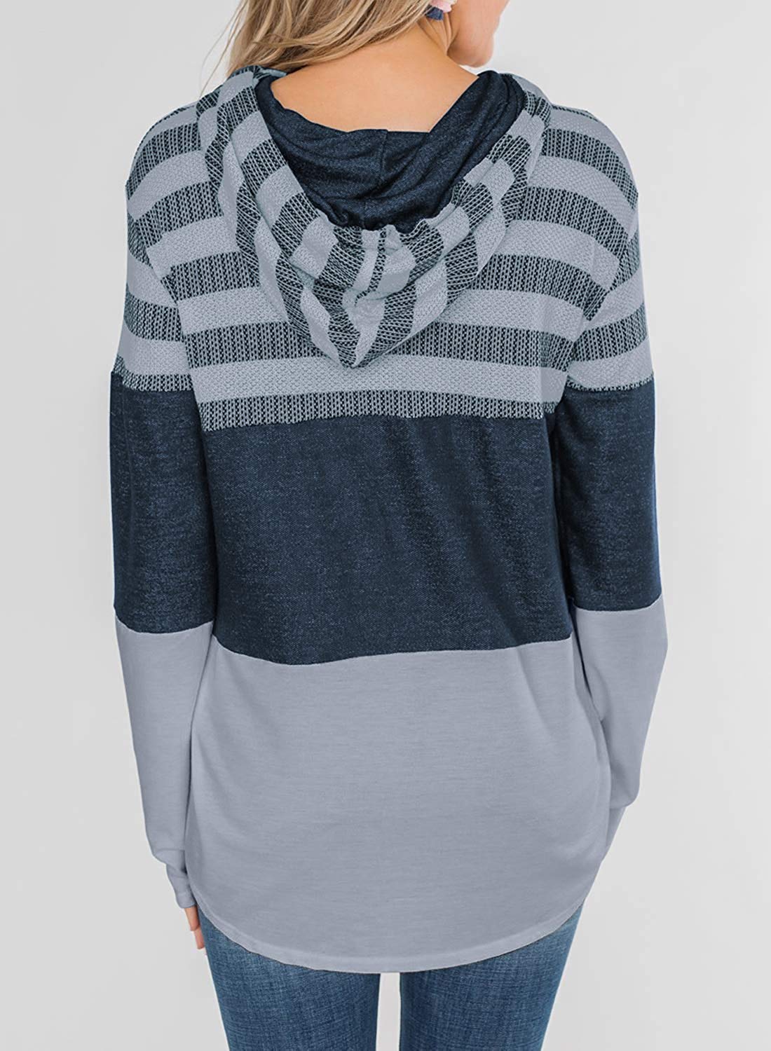 Womens Cowl Neck Color Block Striped Tunic Sweatshirt Drawstring Pullover Tops Grey