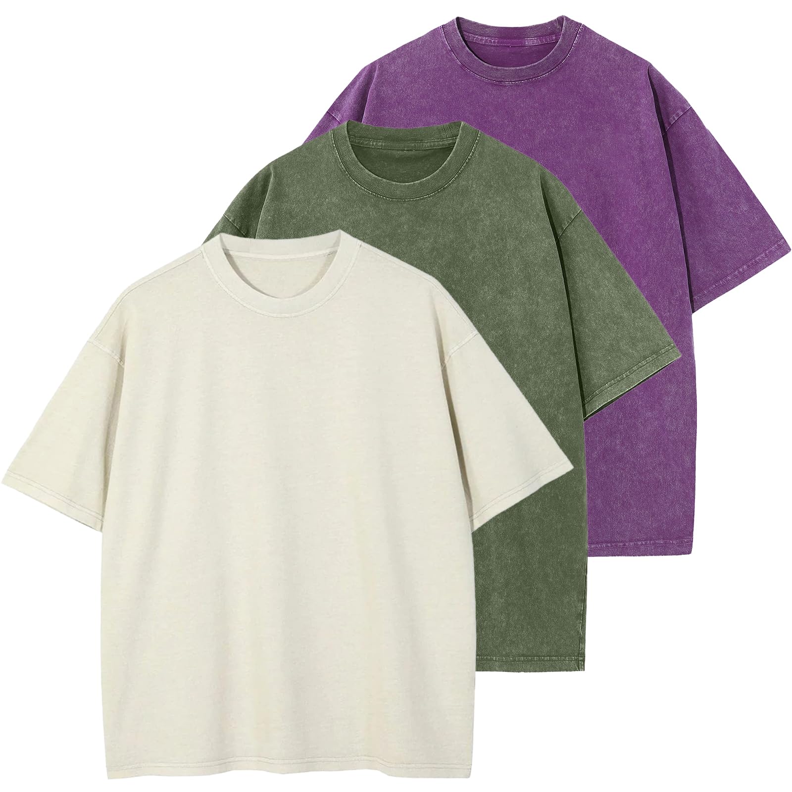 Photo 1 of 3 Pcs Oversized Heavy Cotton Summer T-Shirts Vintage Unisex Short Sleeves Casual Loose Basic Tops(Beige+Army Green+Black L)