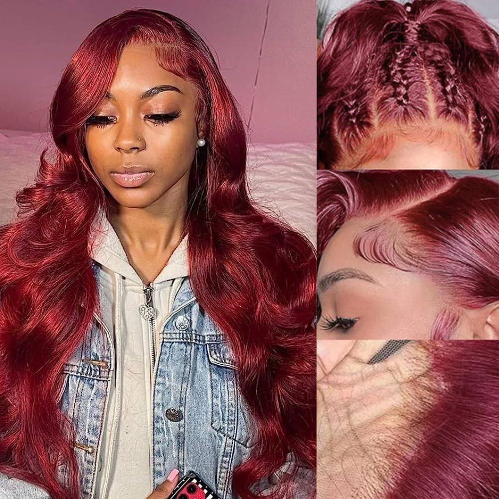 HEFABRIGHT 99j Burgundy HD Lace Front Wigs Human Hair 20 Inch 13x4 Body Wave Lace Front Wigs Pre Plucked Glueless Wig Wine Red Lace Front Wigs Human Hair Wigs for Women 180% Density
