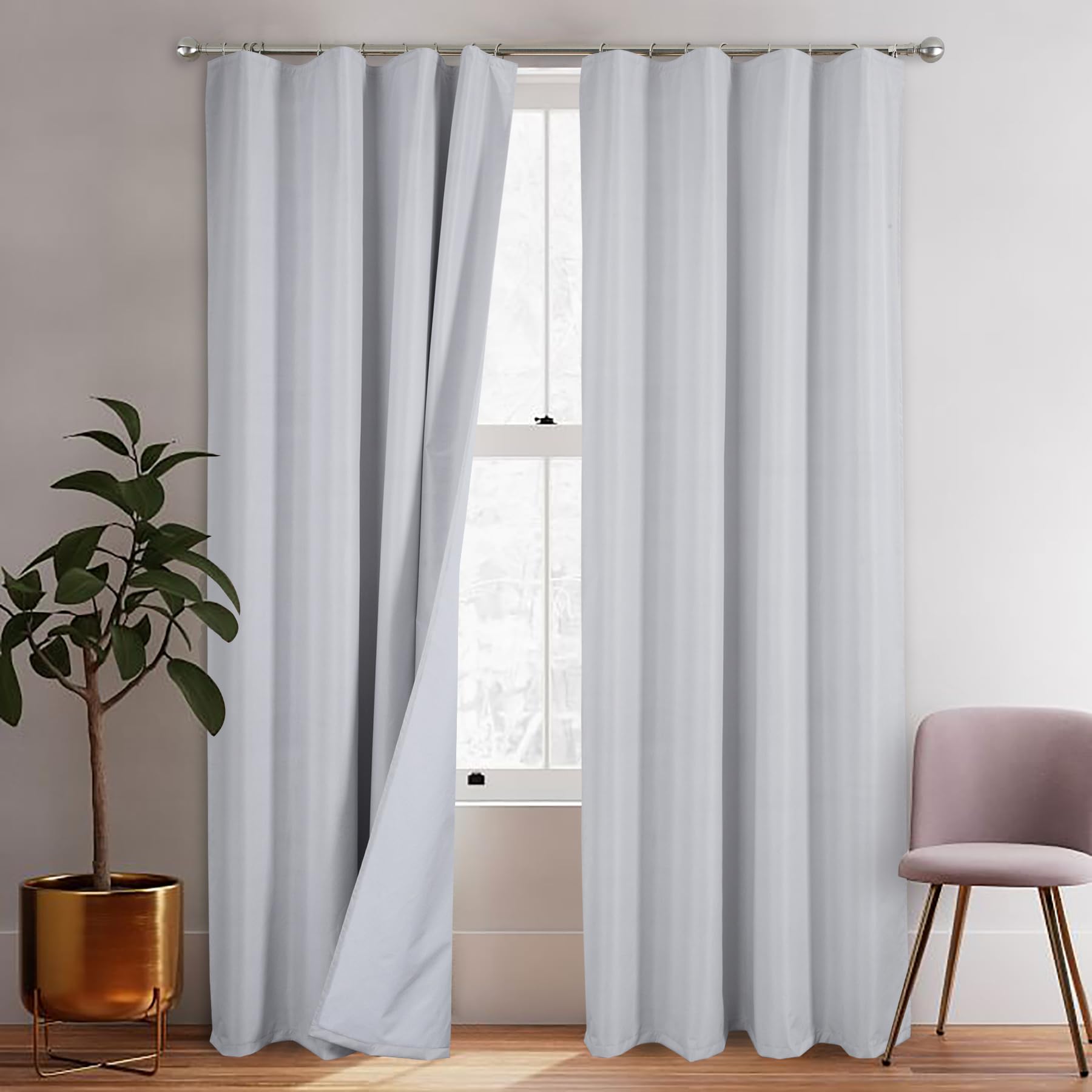 always4u 100% Blackout Curtain Linings White Thermal Energy Efficient Window Treatments 1 Pair 88"*69"Drops for Eyelet & Pencil Pleat Curtains Without Hooks — image 1