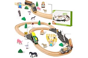 NOKA Wooden Train & Track Set - 54-Piece Farm Wood Railway Kits with Traffic Signs, Battery Operated Electric Train with Doub