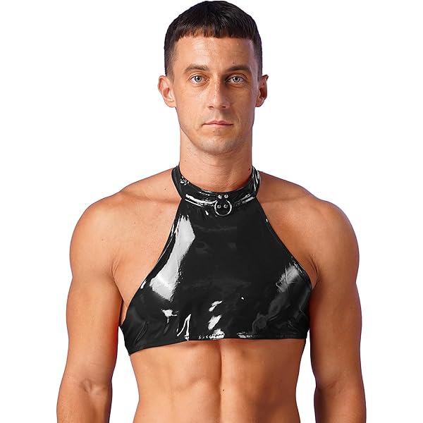 Freebily Men's Wetlook PVC Leather Halter Neck Vest Crop Top
