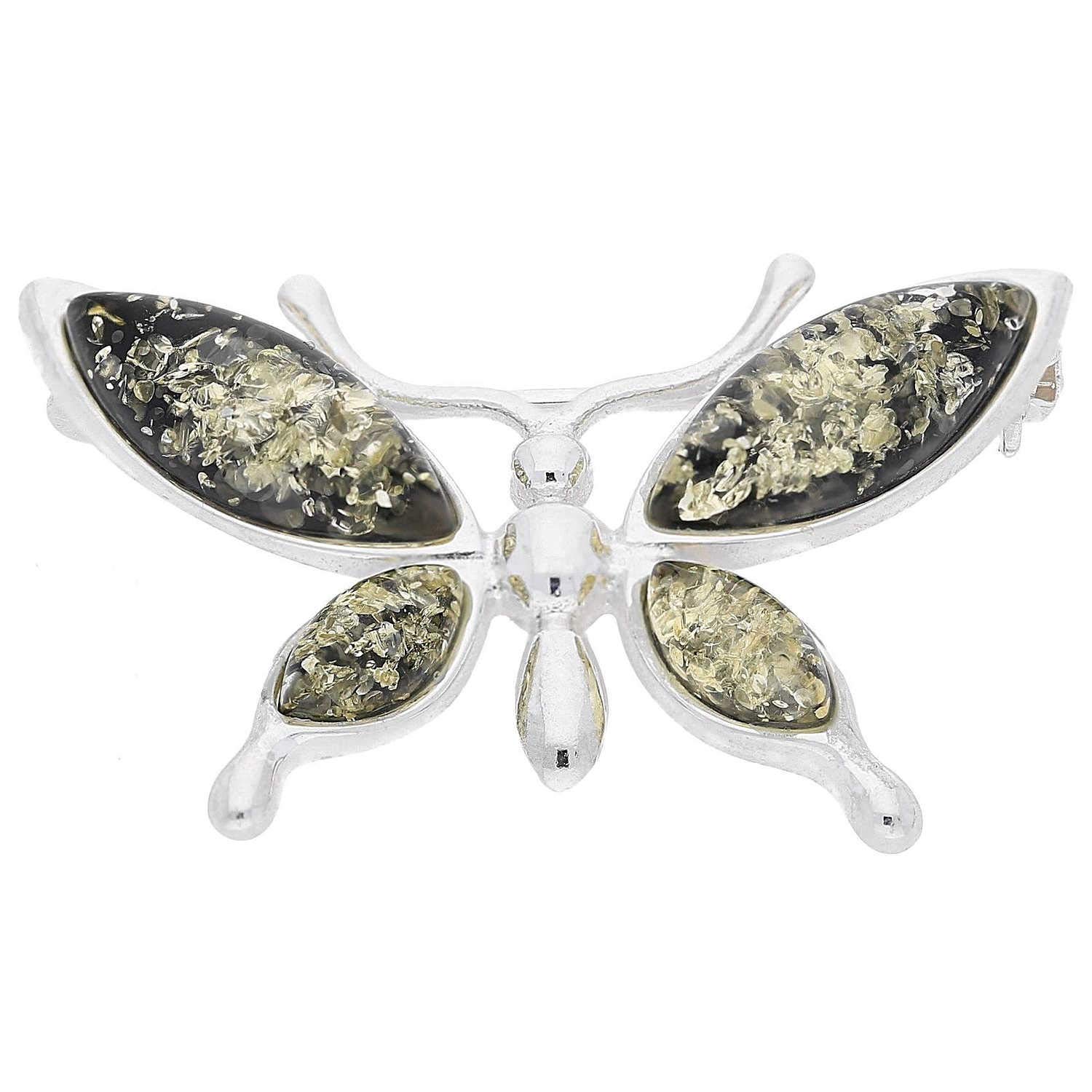 Butterfly Sterling Silver Brooch Pin/Clip in Green Amber in Vintage Style for Women Teenager Girls - 925 Sterling Silver