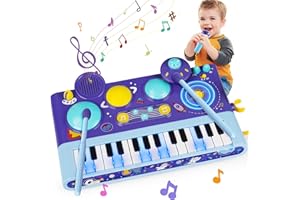 AUGTOY 5 in 1 Toddler Musical Toys Piano Keyboard Xylophone Drum with Microphone 1 2 3 Year Old Girls Boys Music Toy Piano for Kids Ages 1-3 2-4 DJ Table Instruments Learning Baby Birthday