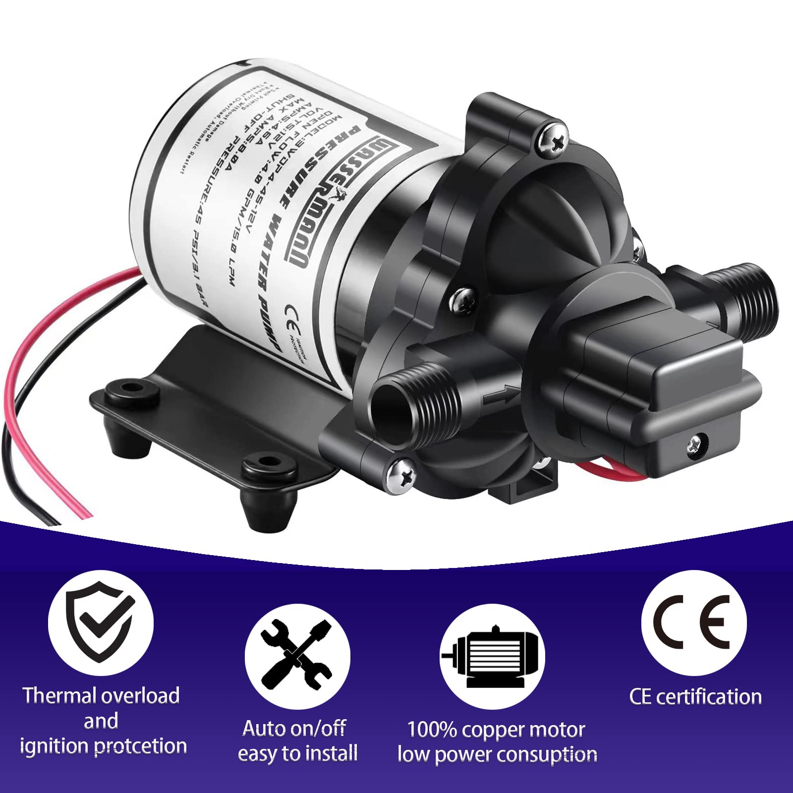130 PSI Self-Priming Water Pump For Boat, RV, Camper - Marine & Washing Machine Use