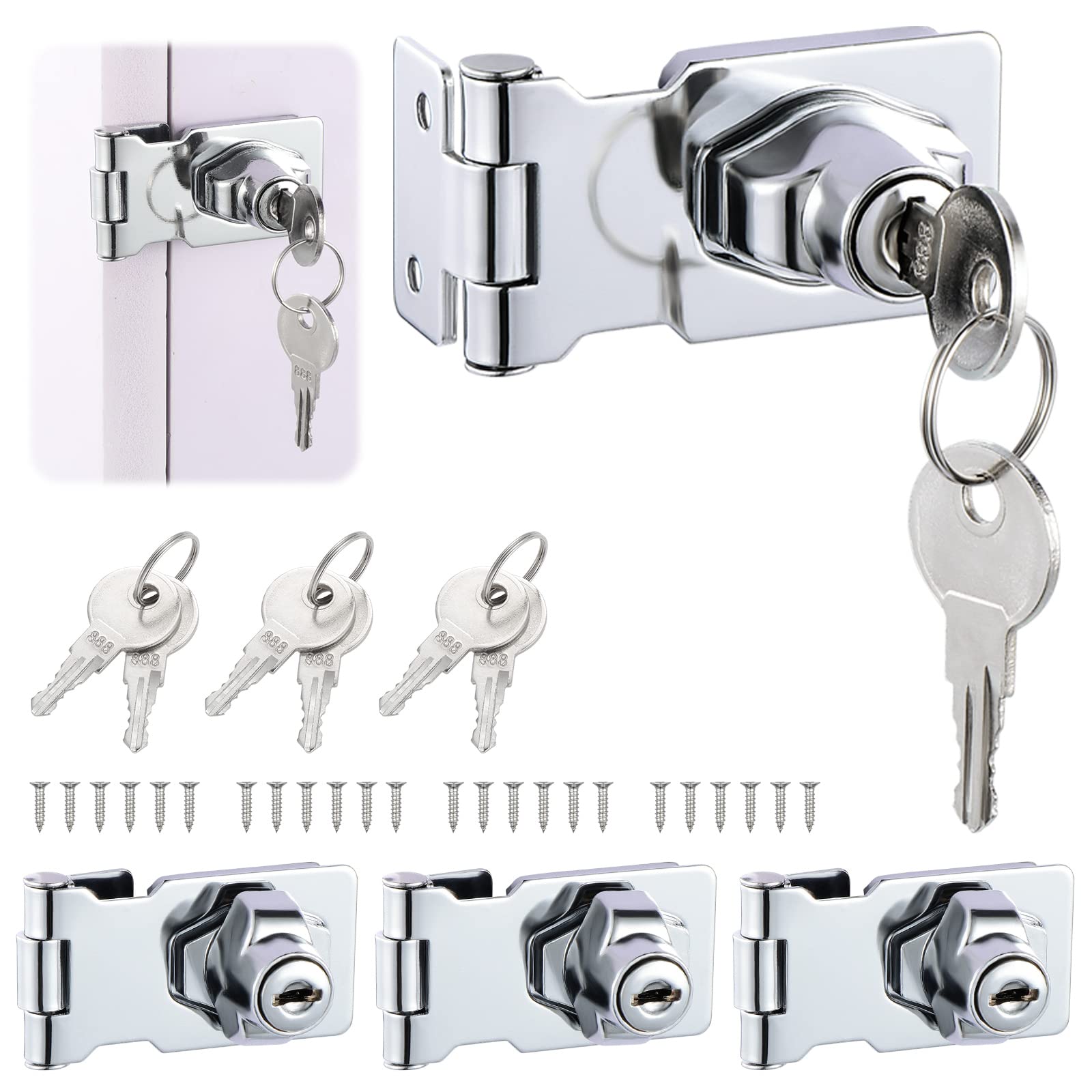 Gueenky 4 Pack Door Lock Hasp with Key, 2.5 Inch Padlock Hinge Latch Lock for Shed Door Cabinet Cupboard Drawer Furniture