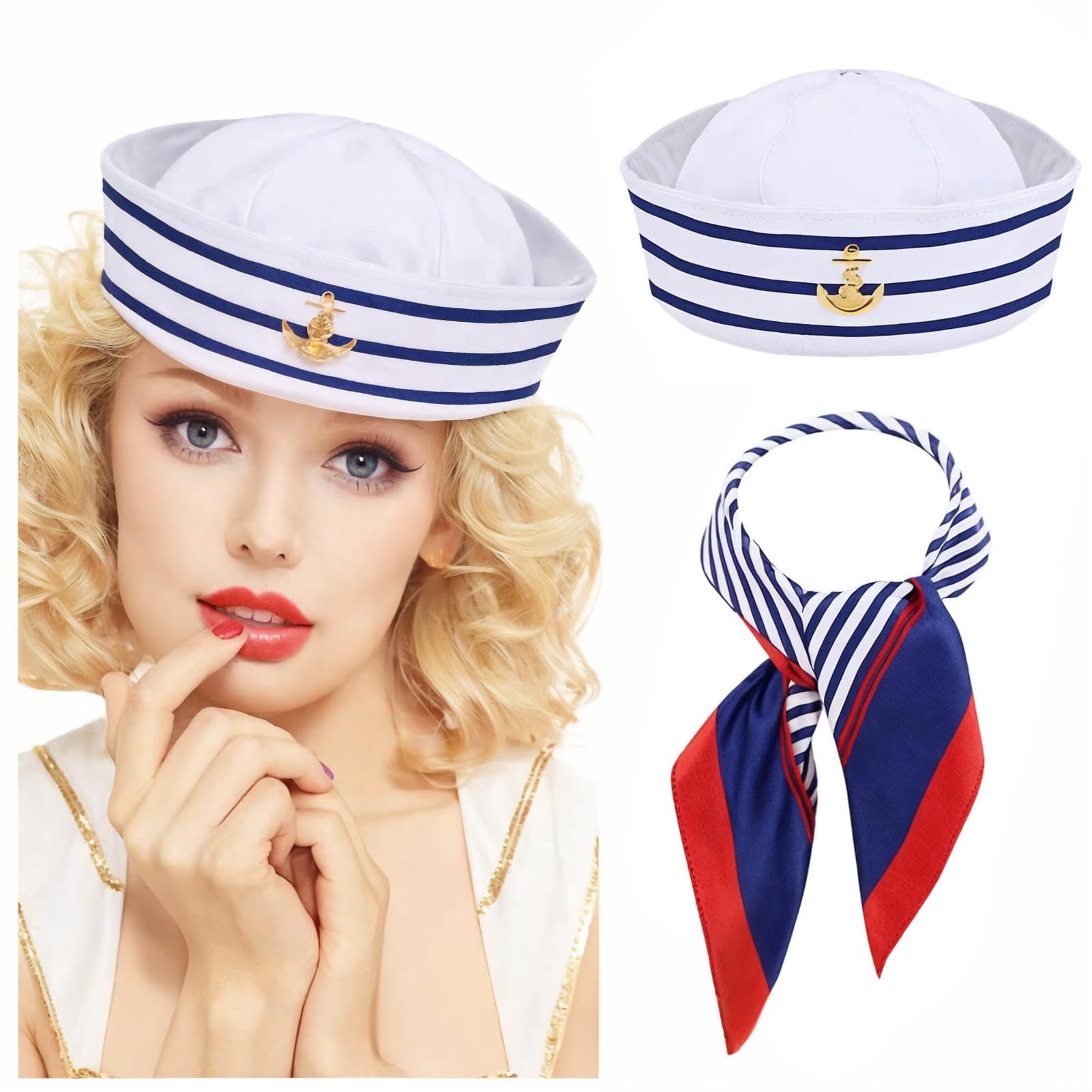 YONEEKSS Yacht Captain Costume Set, Sailor Hat and Scarf for Women Men Ship Cap Scarf Navy Outfit Accessory (Blue with White)
