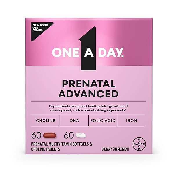 ONE A DAY PRENATAL ADVANCED- PRENATAL VITAMINS WITH FOLIC ACID, CHOLINE, DHA & IRON, PREGNANCY VITAMINS FOR WOMEN TO SUPPORT BABY’S DEVELOPMENT, 60+60 CT (120 TOTAL SET) (PACKAGING MAY VARY)