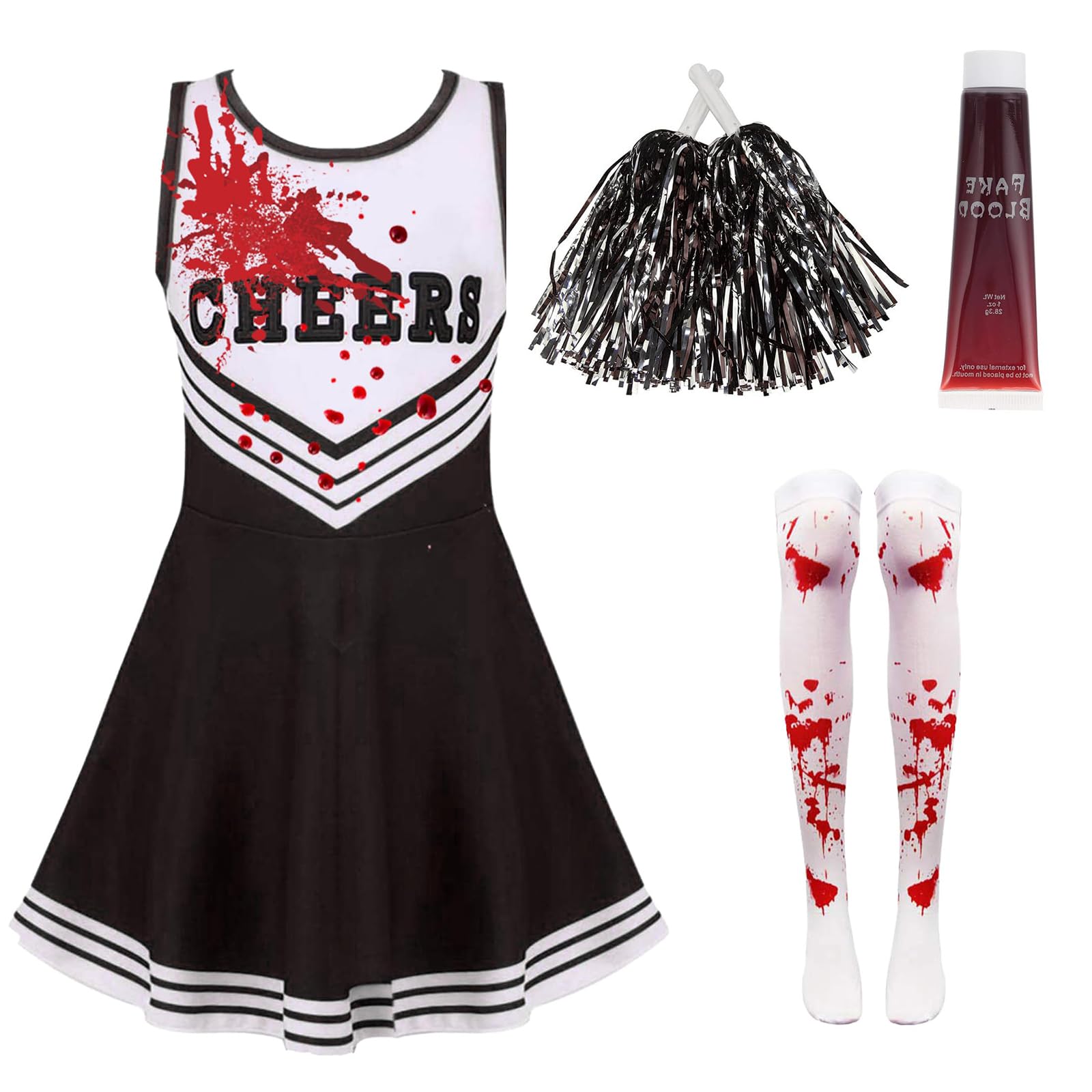 Dead Cheerleader Halloween Costume Kids, Zombie Cheerleader Costume for Girls with Fake Blood, Fancy Dress Outfit Kids for Halloween Parties (black, 7-9 years old)