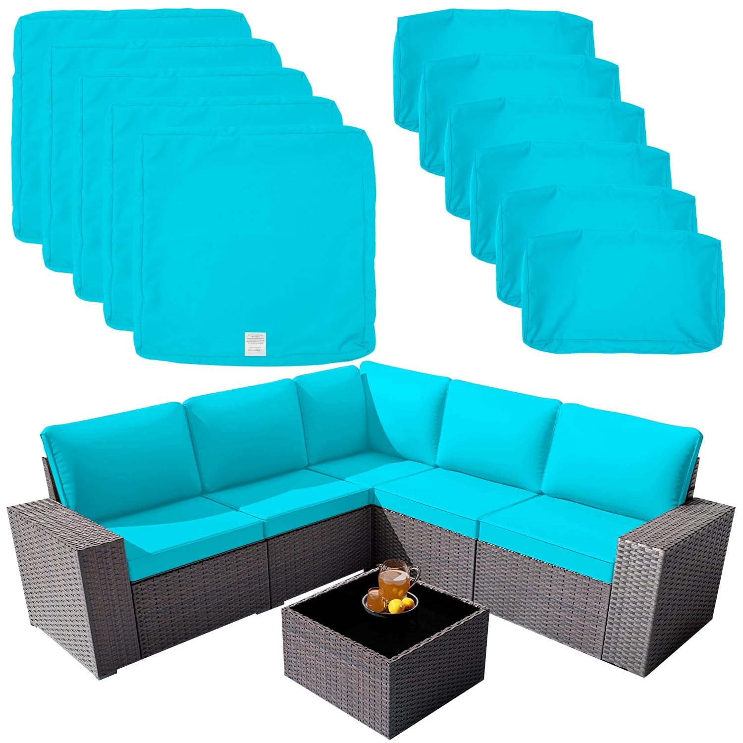 Photo 1 of ClawsCover 11Pack Outdoor Seat and Back Cushions Replacement Covers Fit for 5-Seater 6Pieces Wicker Rattan Patio Furniture Conversation Set Sectional Couch Chairs,Turquoise-Included Cover Only