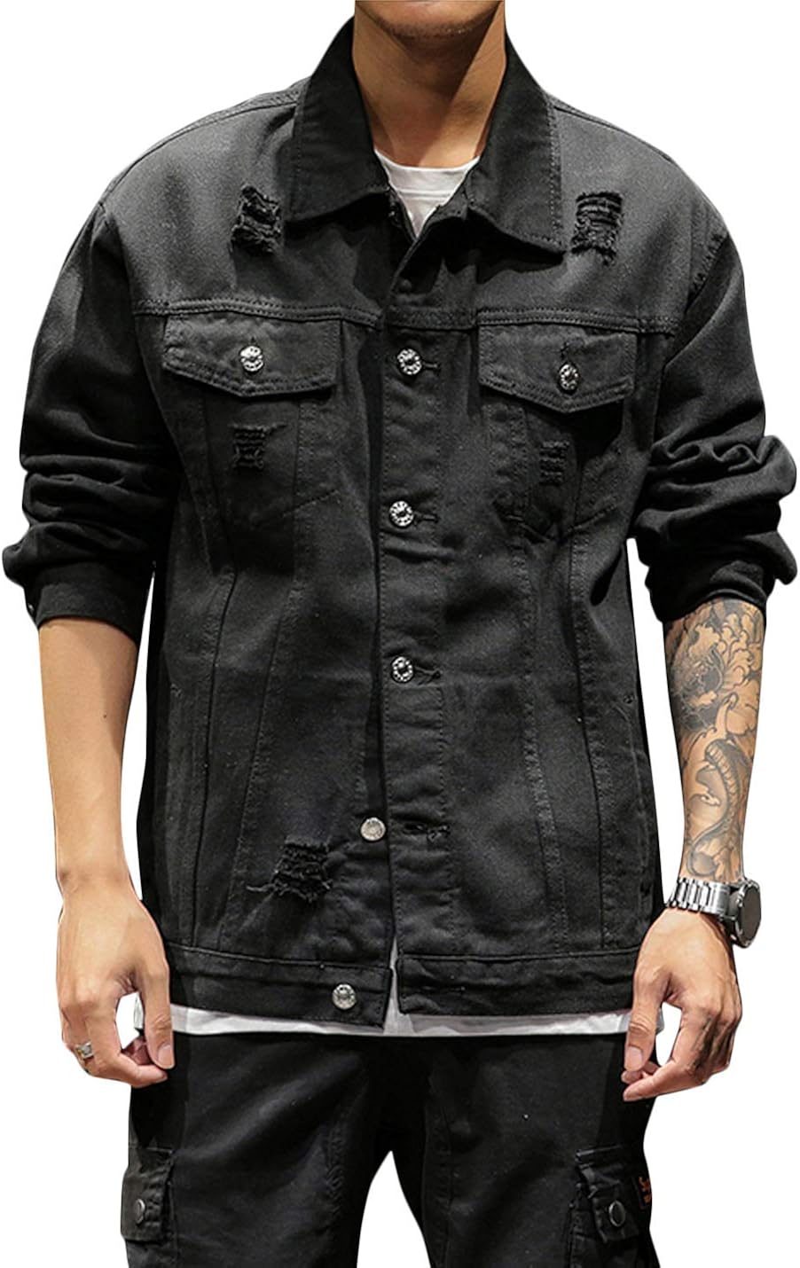 black ripped denim jacket mens