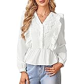 Button Down Shirts for Women Pleated Dress Shirts Wrinkle Free Long Sleeve Casual Outfits Tops V-Neck Blouses