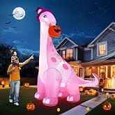zukakii 13FT Giant Halloween Inflatables Decorations Outdoor Pink Dinosaur, Huge Halloween Blow Up Yard Decorations Dino with Large Pumpkin Witch Hat Build-in LED Light Strong Blower for Party Lawn