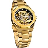 FORSINING Vintage Watch for Men Engraved Automatic Self-Wind Mechanical Big Dial Luminous Moon Phase Golden Hollow Tattoo Pattern Wrist Watches, Mechanical